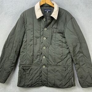 Armani Jeans Jacket Quilted Coat Mens XL Green Button Up Collared Long Sleeve